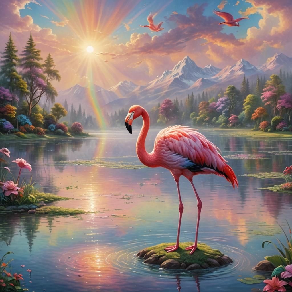 Pink Flamingo in Lake with Rainbow Sky