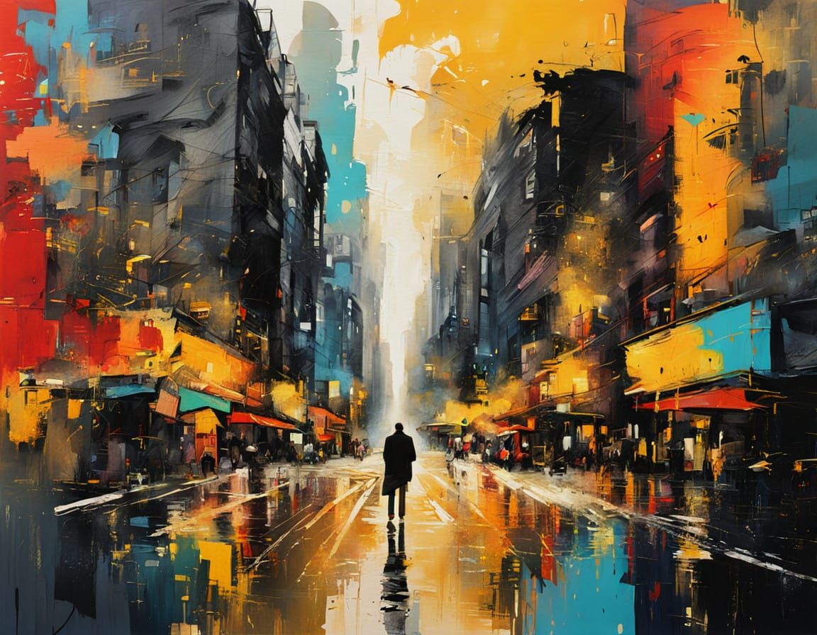 Vibrant Abstract Expressionist Cityscape with Bold Brushstro...