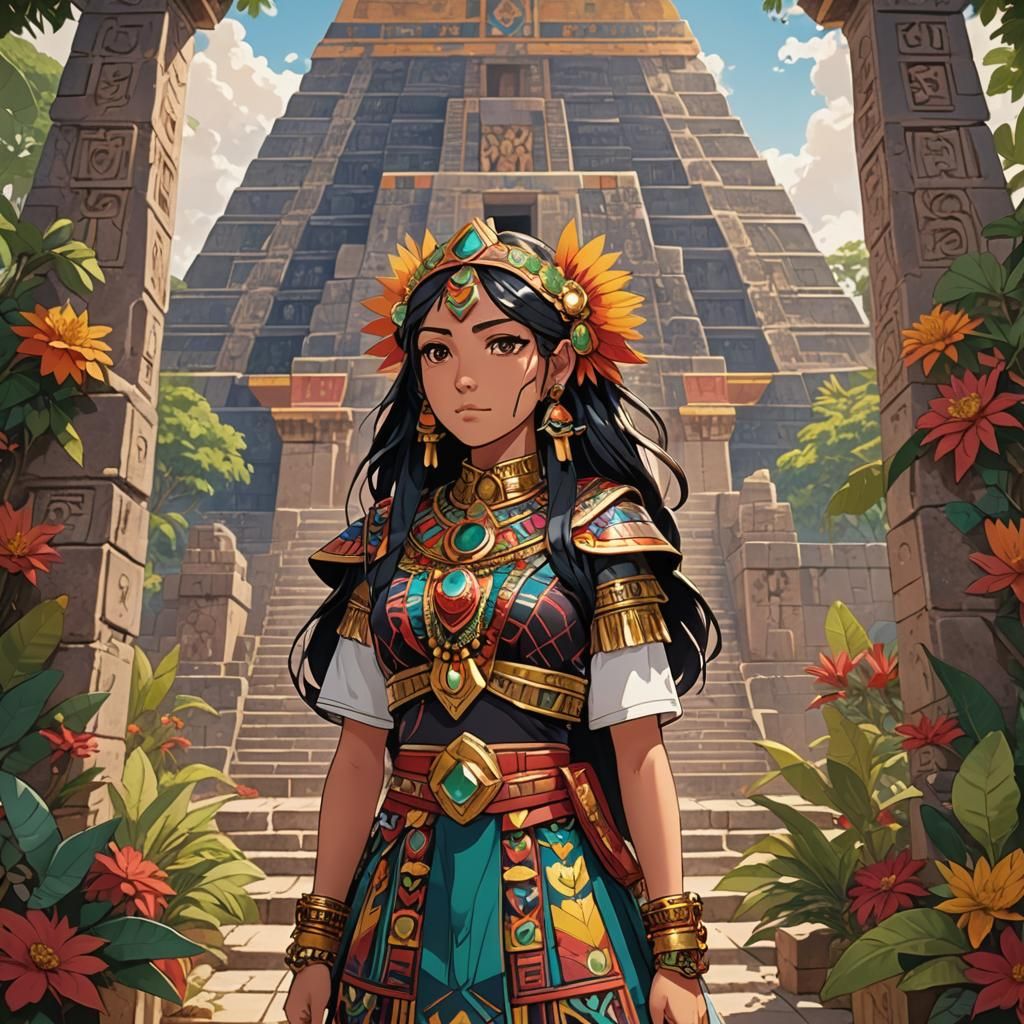 Anime Girl in Mesoamerican Regalia at Temple