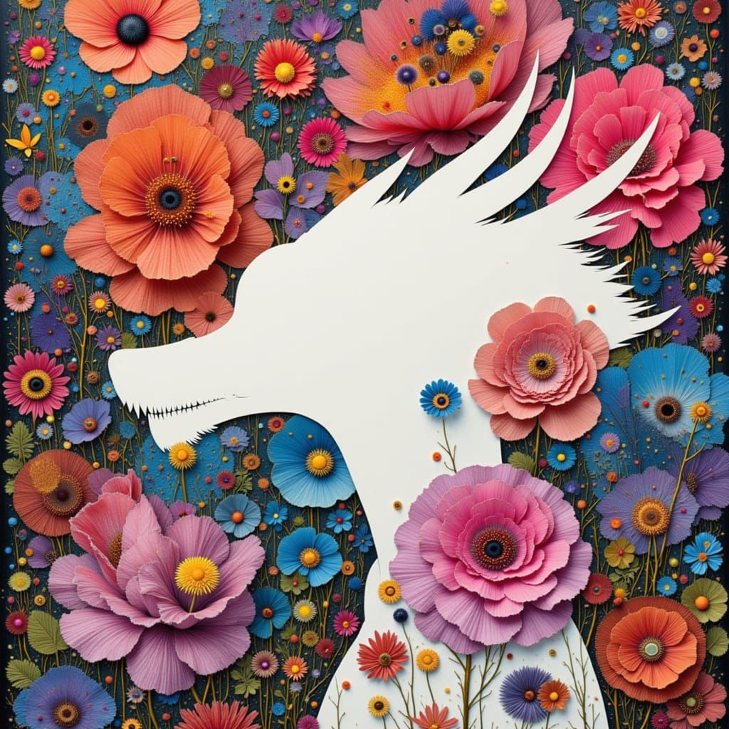 Dragon Silhouette Amidst Abstracted Flowers