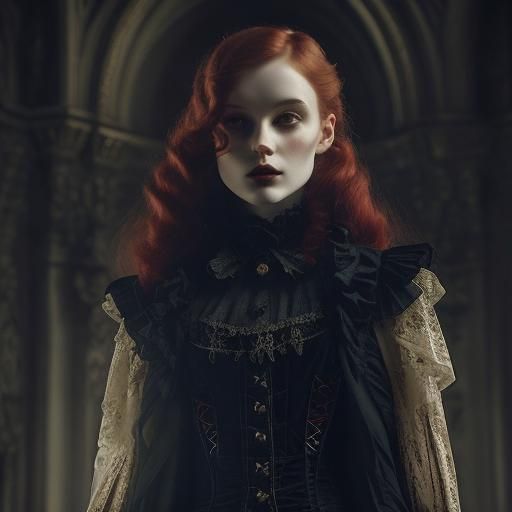Gothic Vampire Portrait with Red Hair in Oil Painting Style