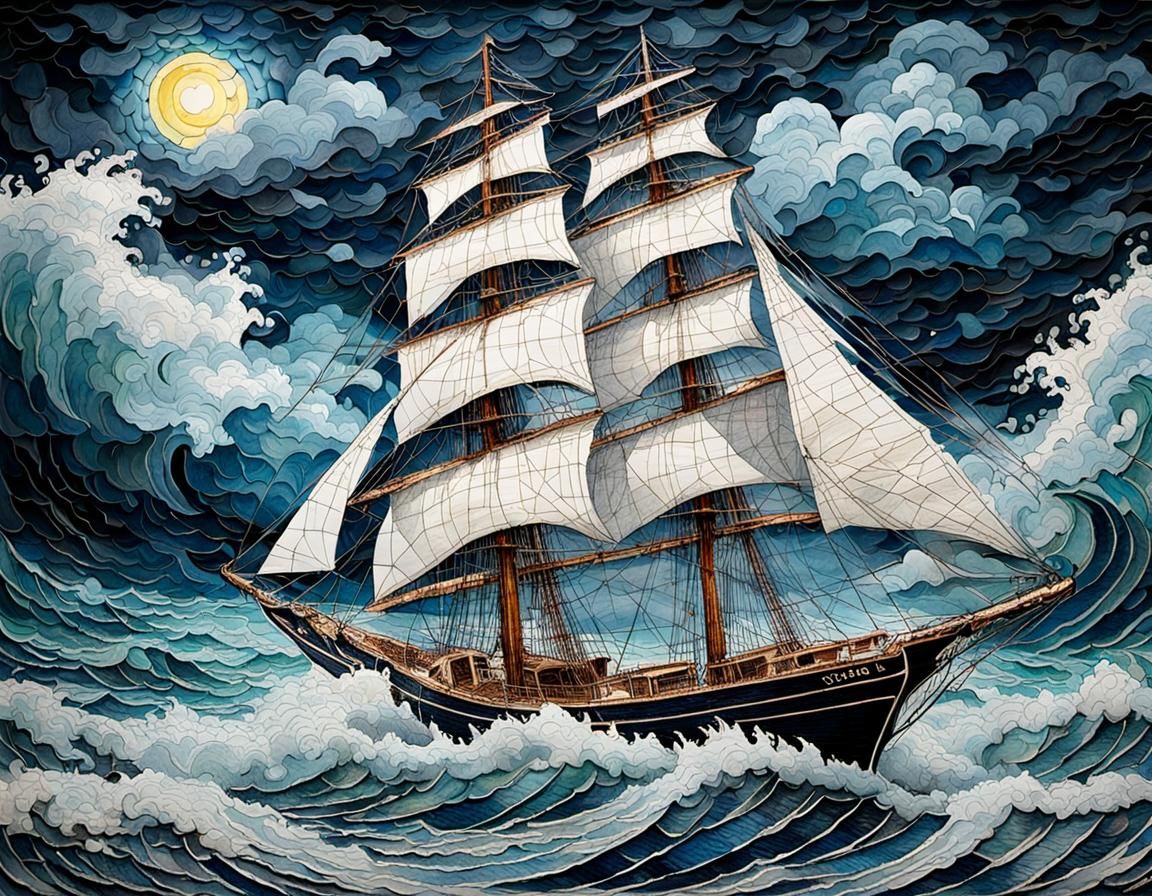 Sailboat on Stormy Seas in Paper Mosaic Style