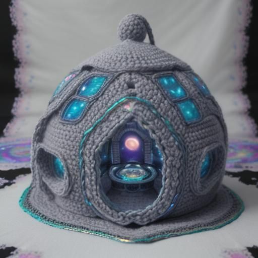 Crocheted Cozy House with Stargate Background