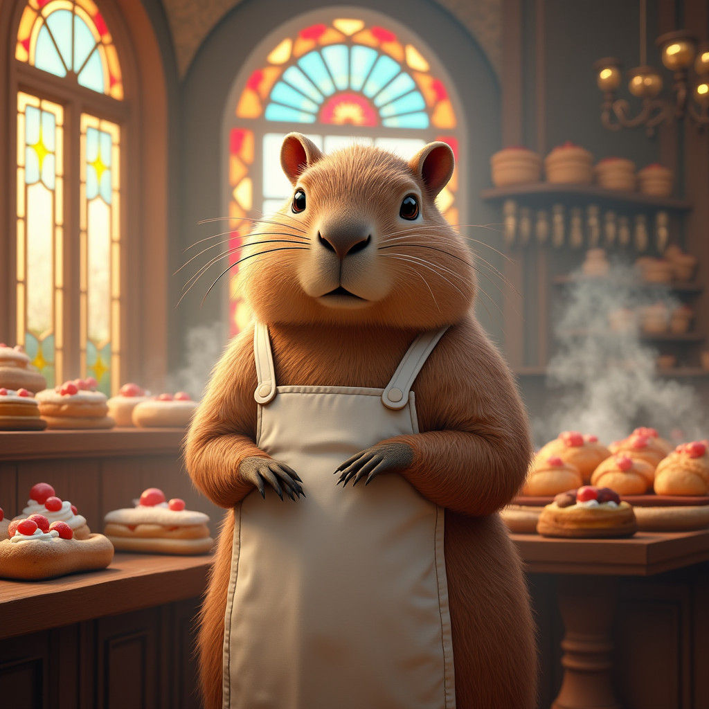 Capybara Baker in Mystical Bakery: Detailed Matte Painting