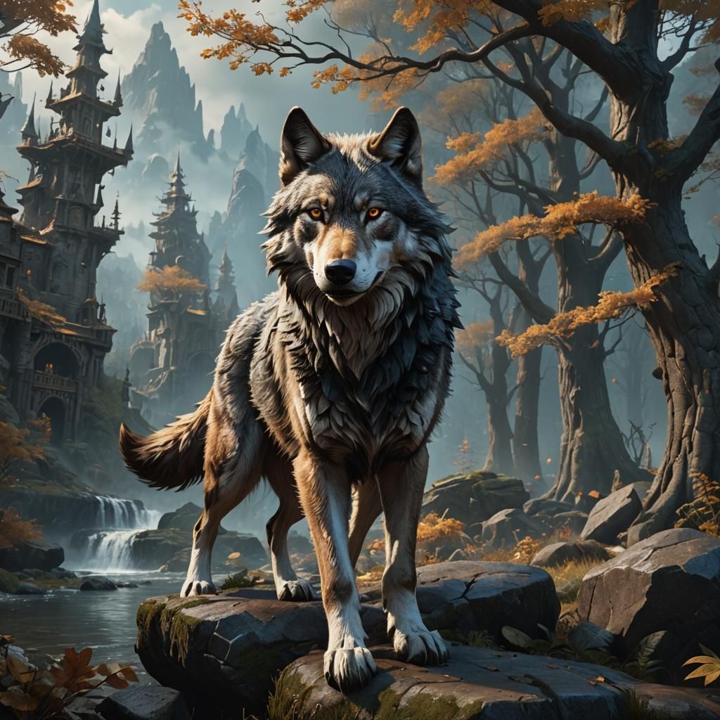 Detailed Wolf Painting in Deep Color