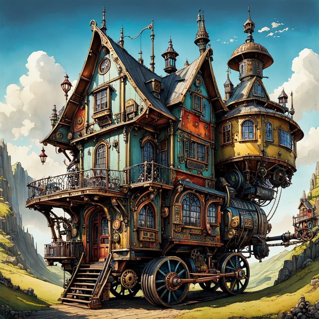 Steampunk Cottage on Wheels in Ink and Watercolor