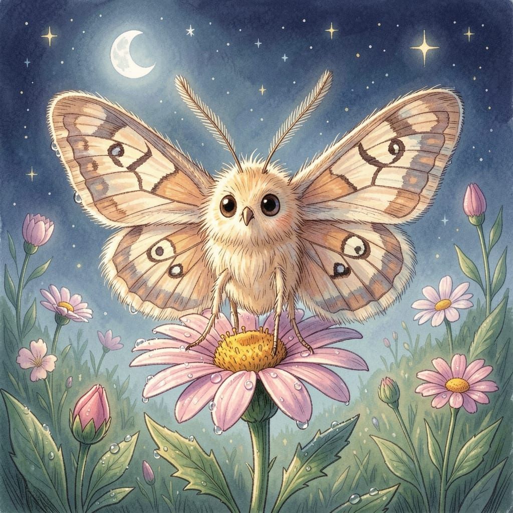 Whimsical Moth on Wildflower Under Starry Night
