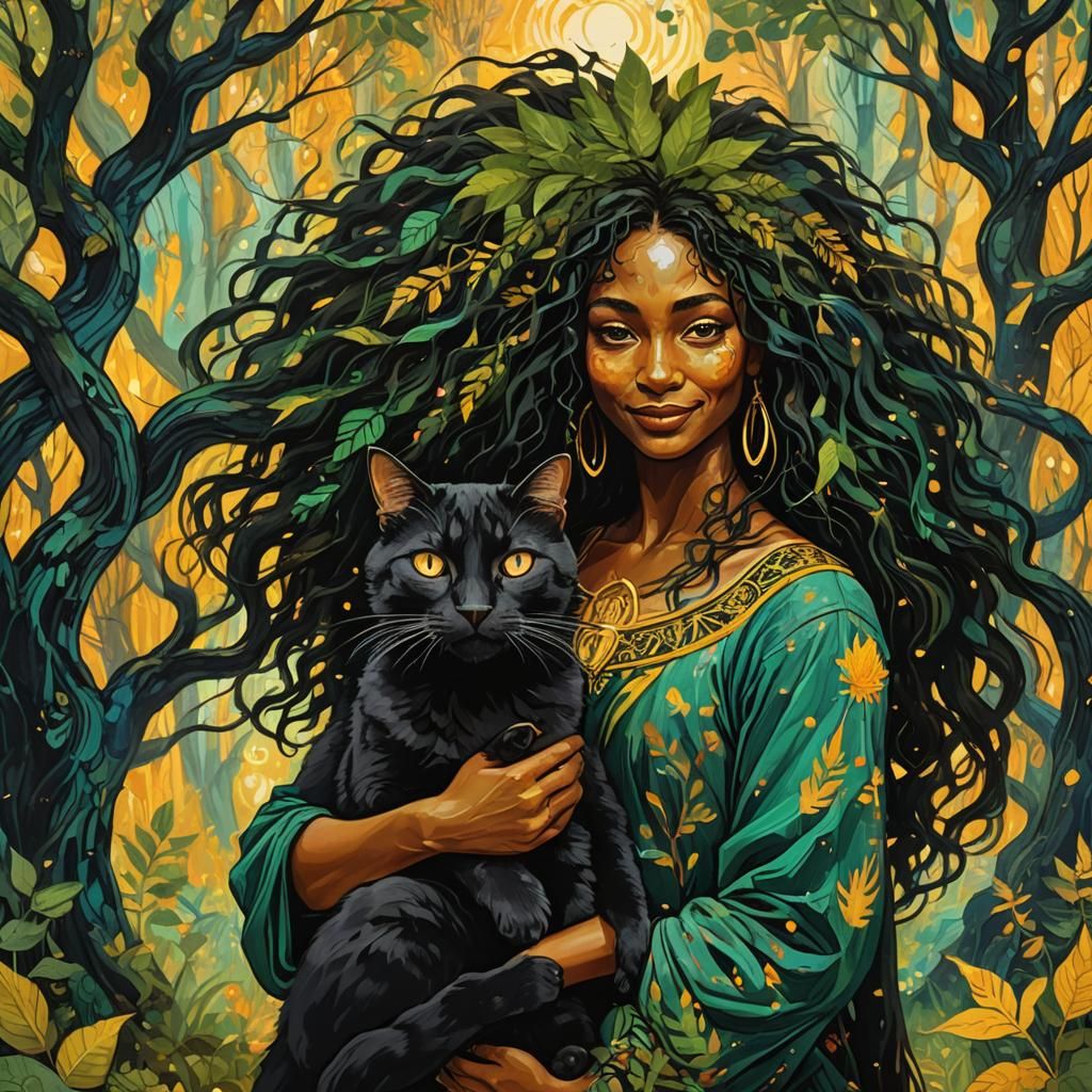 Ethereal Mother Earth with Black Cat, Digital Painting