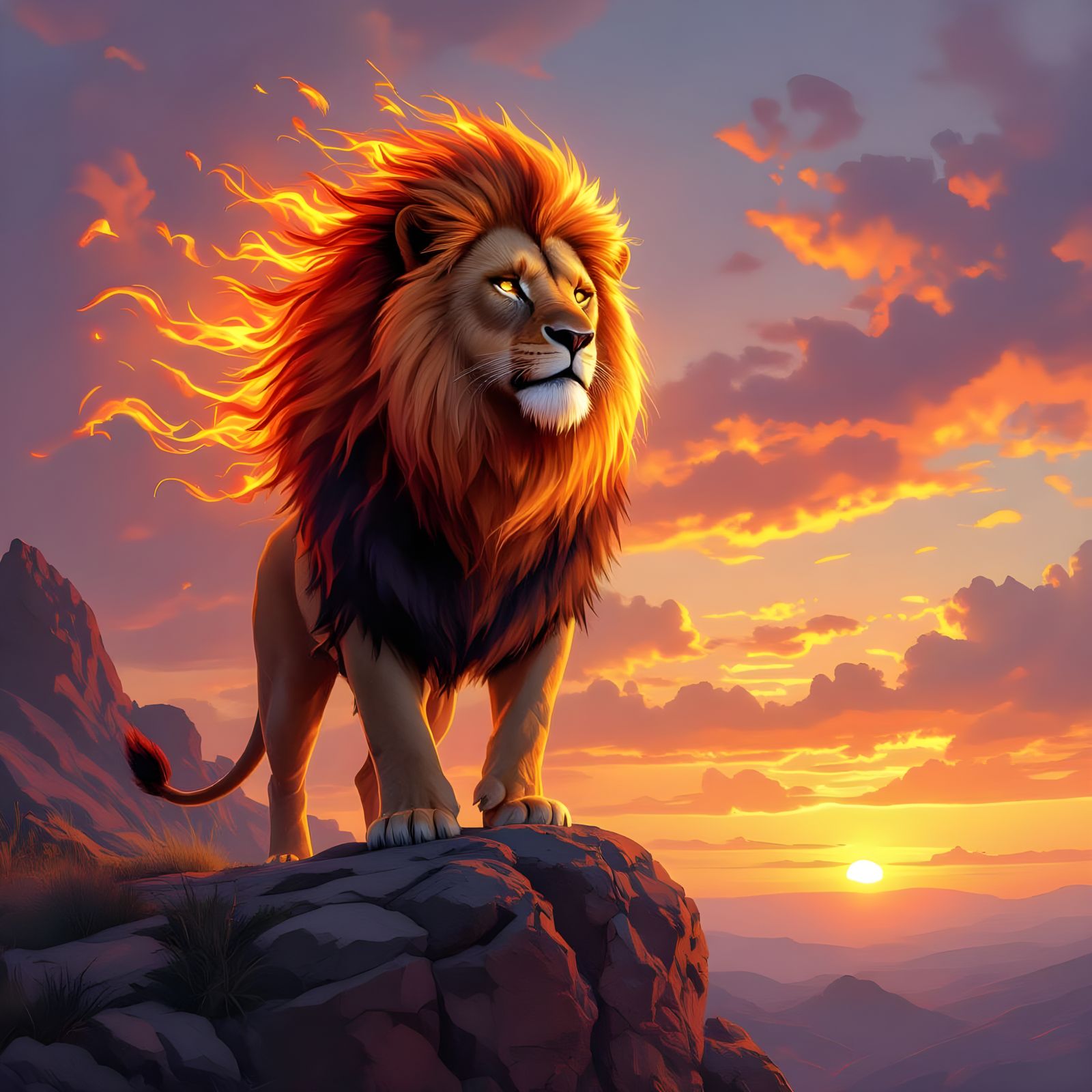 Fiery Lion on Cliff at Sunset, Classical Oil Painting