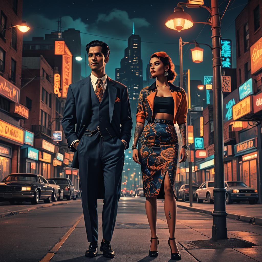 Noir Couple in Cityscape Digital Painting
