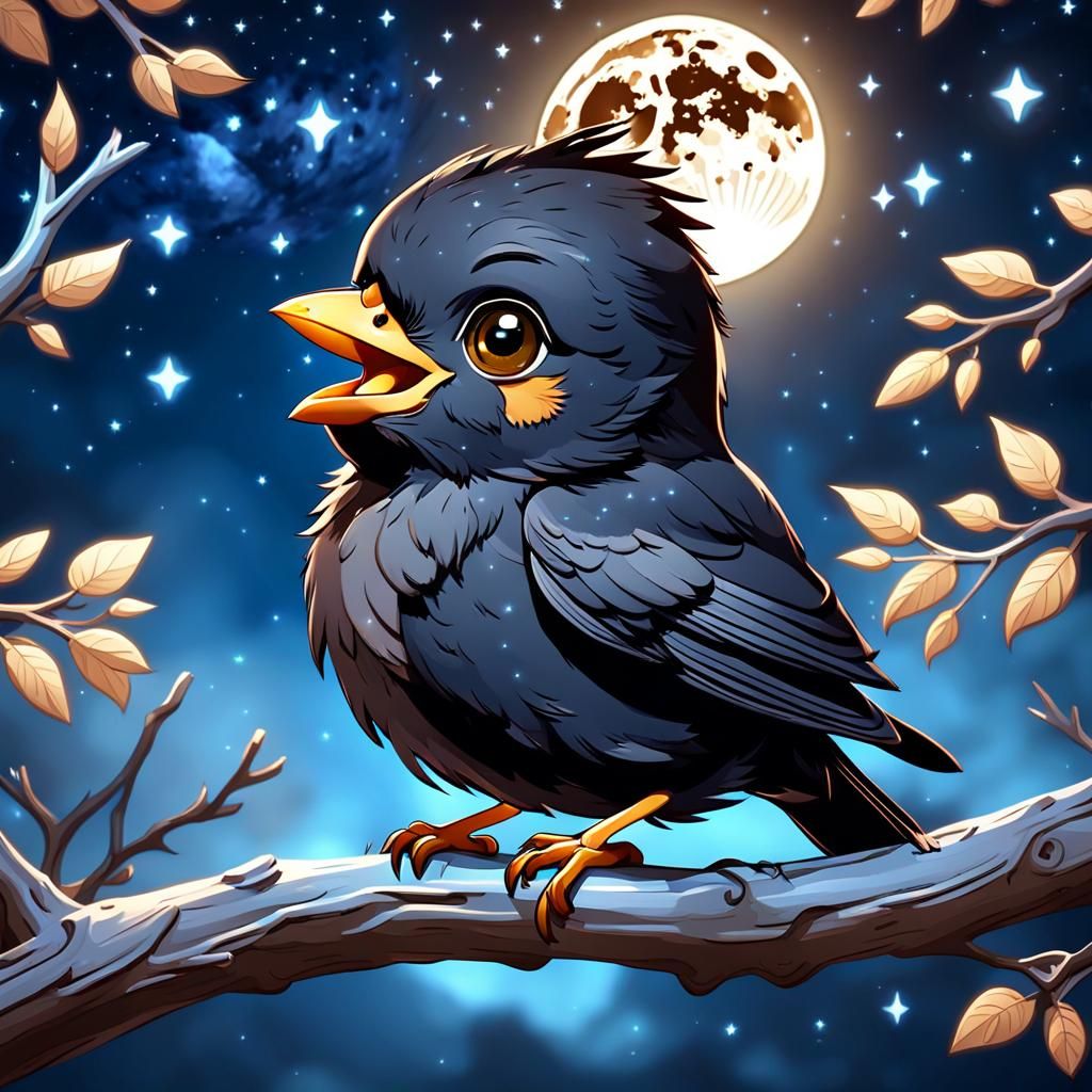 Chibi Blackbird Singing to the Moonlit Sky