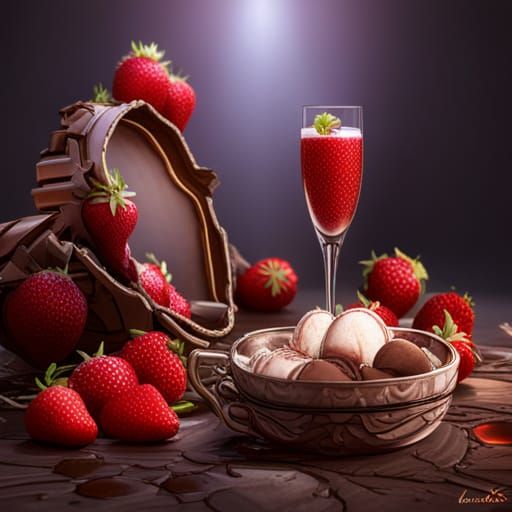 Strawberries, chocolate truffles, champagne, lovebirds