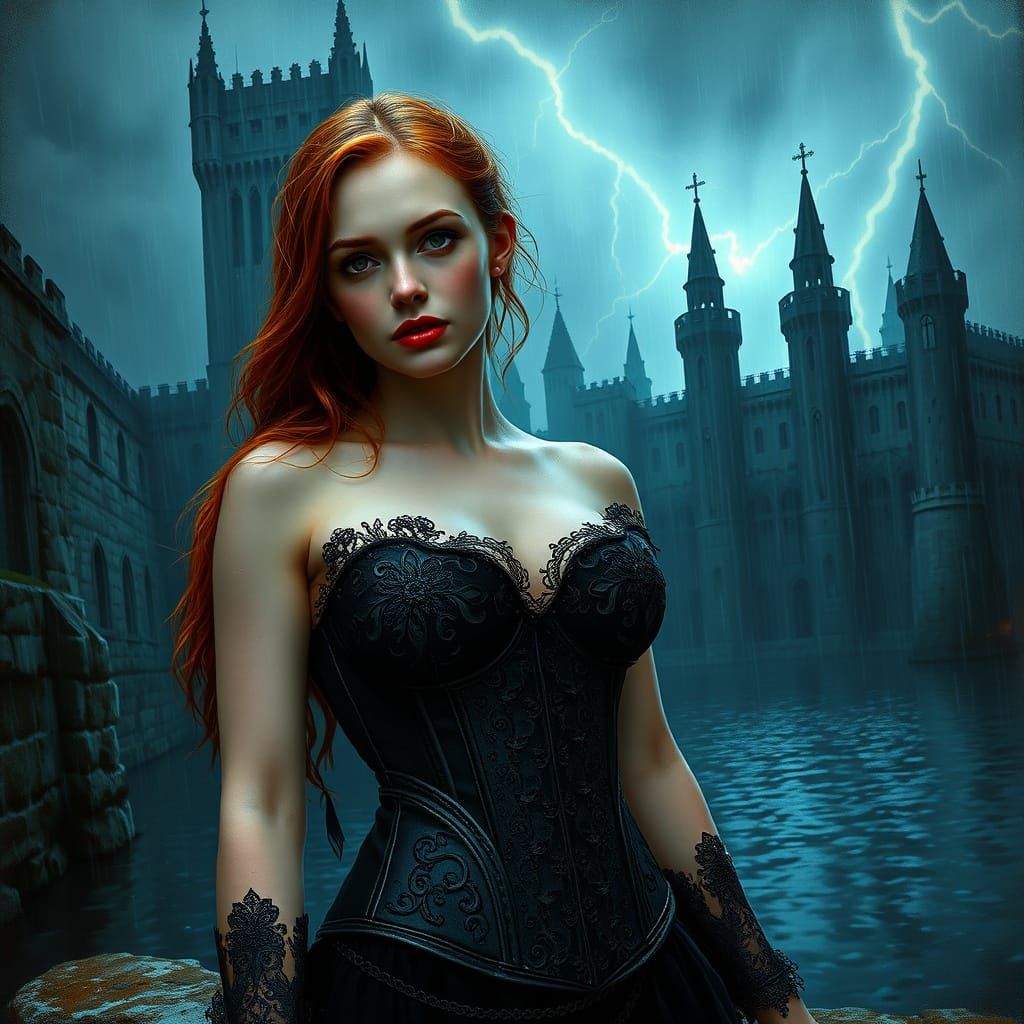 Redhead Vampiress in G-String, Expressionist Oil Painting