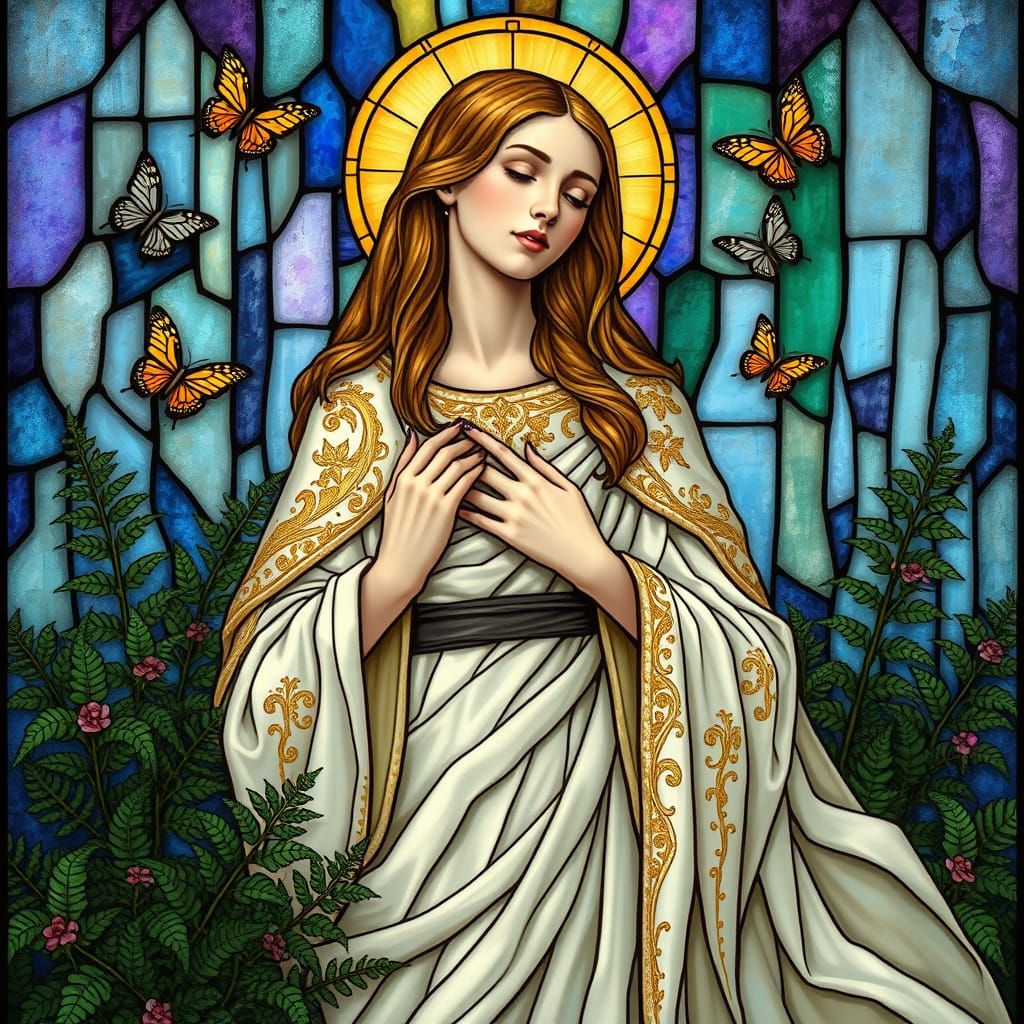 Ethereal Saint in Stained Glass Sanctuary