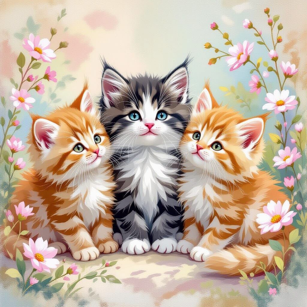 Playful Kittens in Pastel Hues, Storybook Illustration