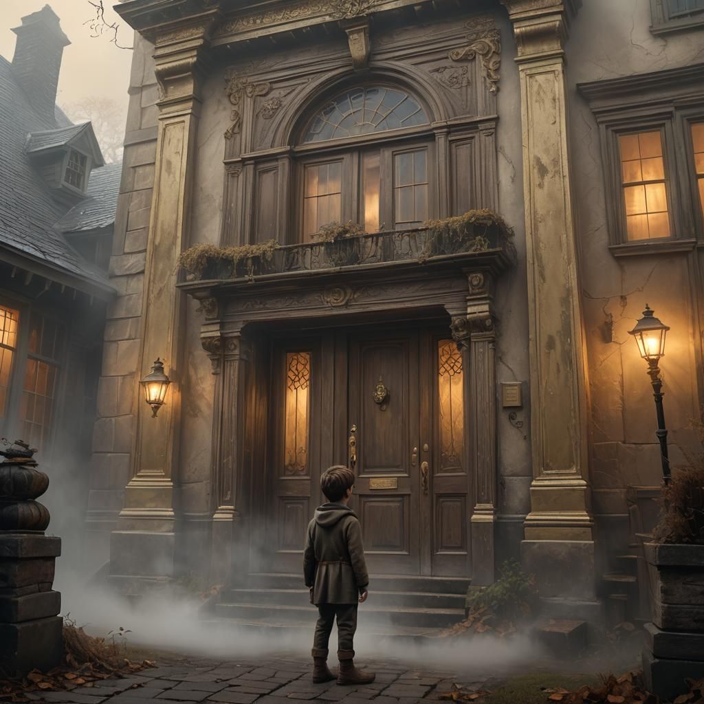 Boy and Fog-Shrouded House: Whimsical Concept Art