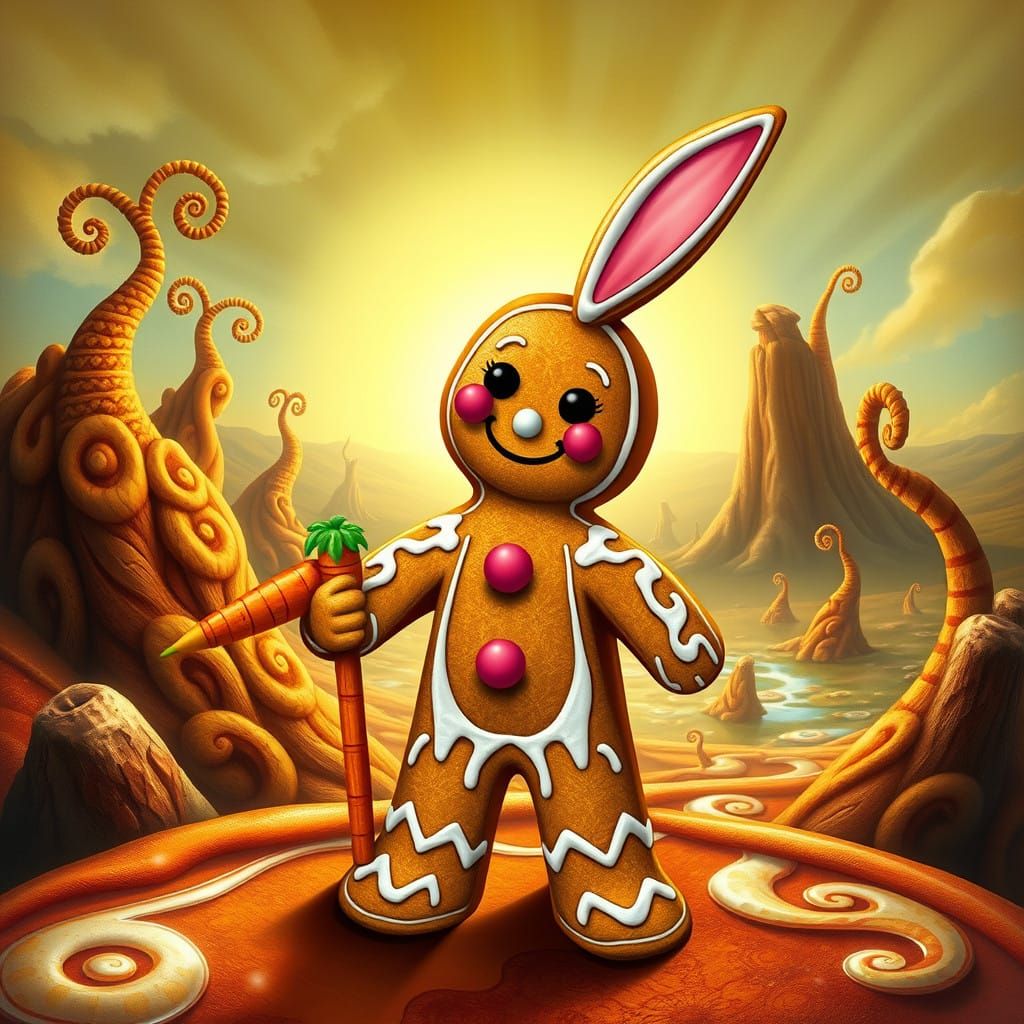 Bugs Bunny's Gingerbread Man in Surrealist Landscape