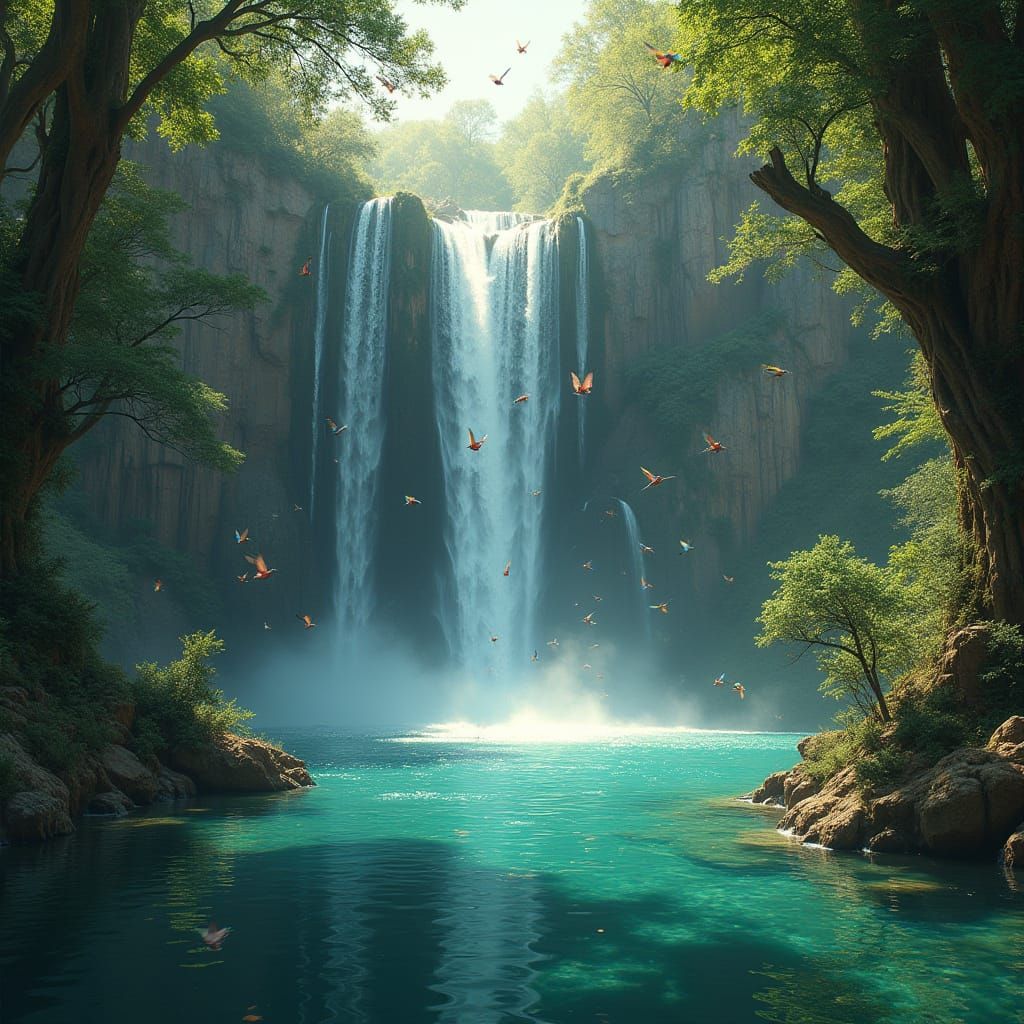 Ethereal Waterfall Oasis in Vibrant, Tropical Paradise