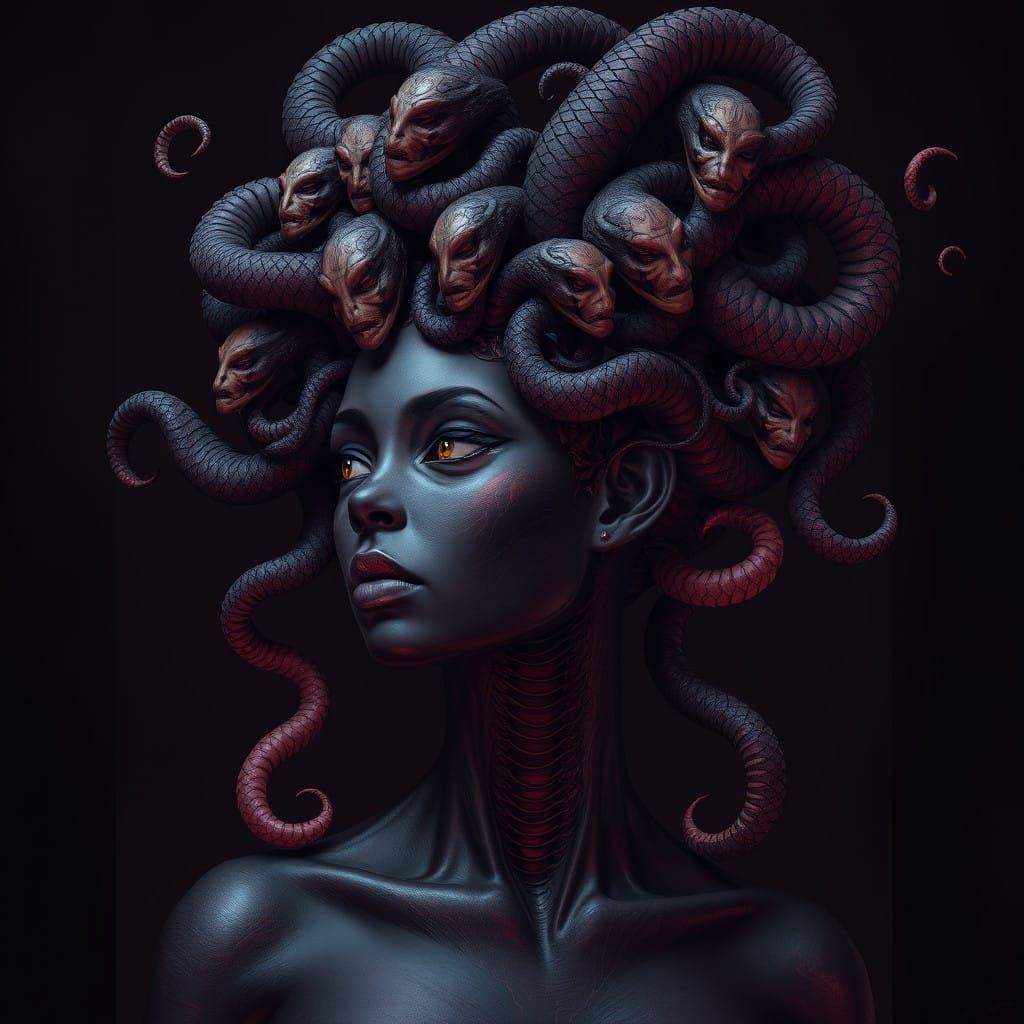 Surreal Ebony Goddess Evolves Through Mystical Snake Hair