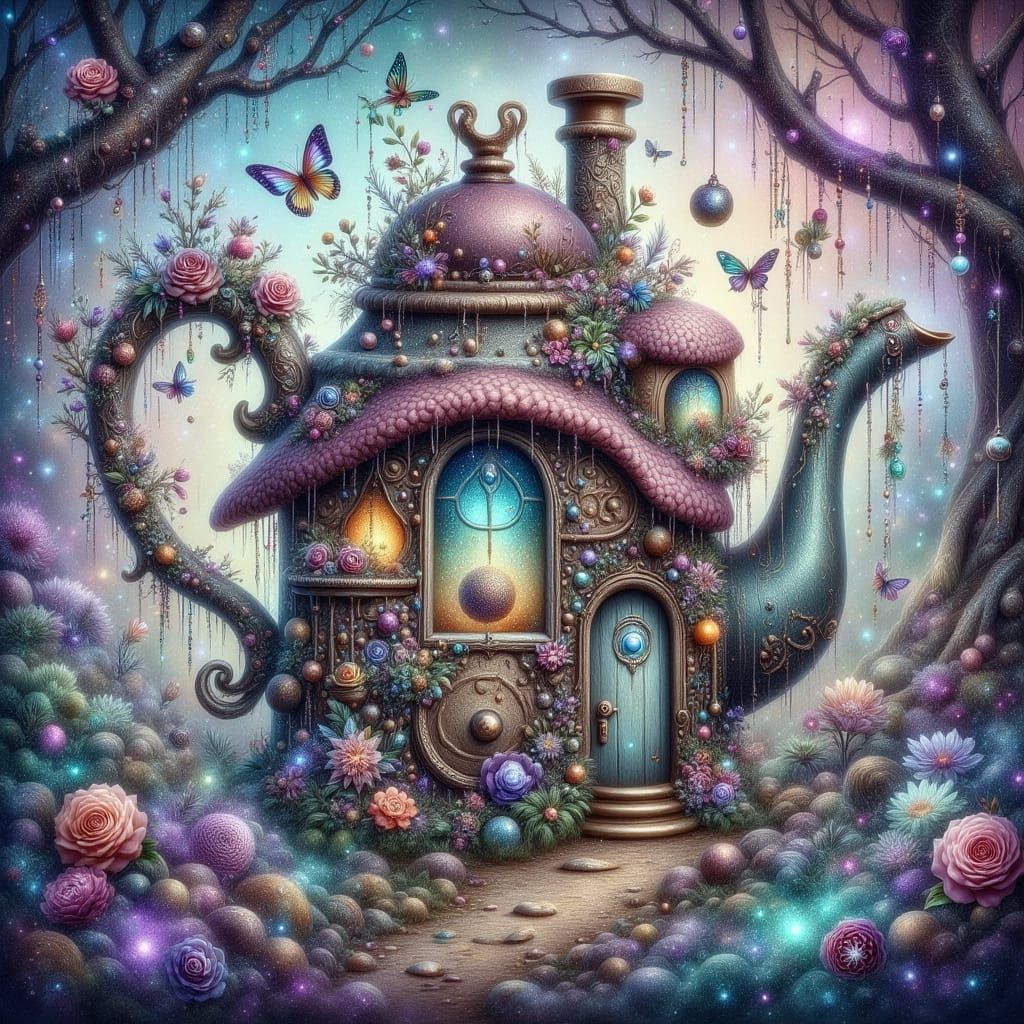 Whimsical Teapot Fairy House in Watercolor Style