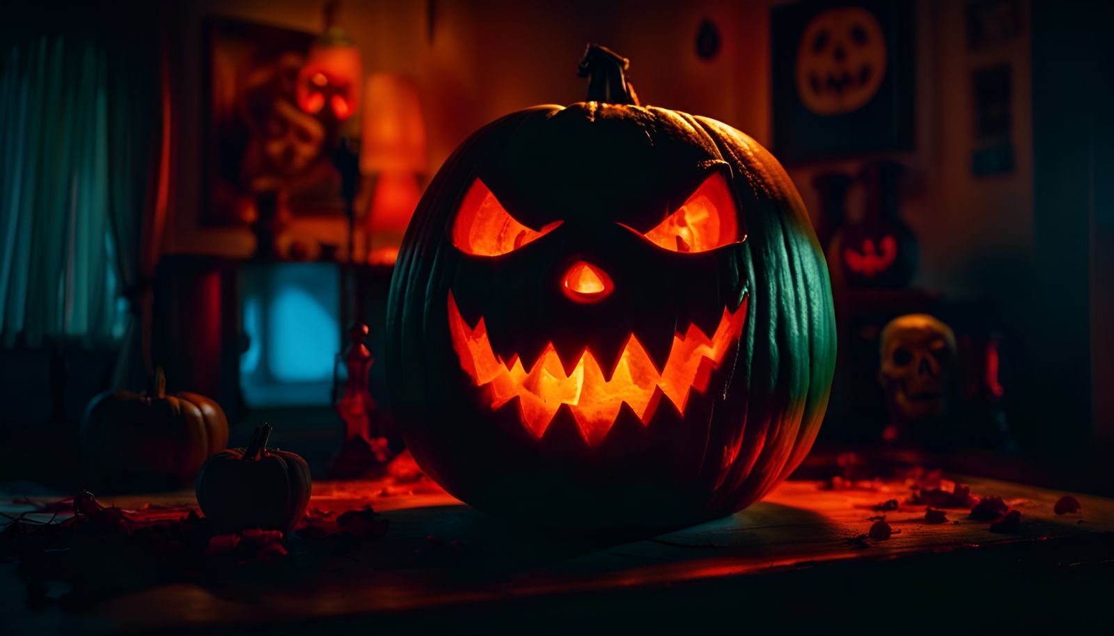 Eerie Halloween Pumpkin with Lava Lamp, High Contrast