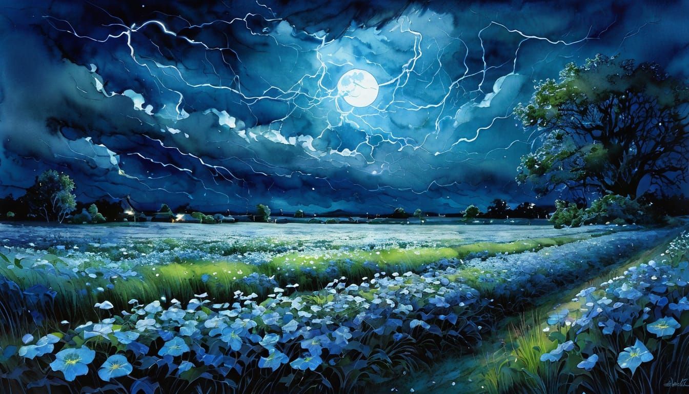 Mysterious Storm Over Moon Flowers, Lightning, Deep Color Wa...