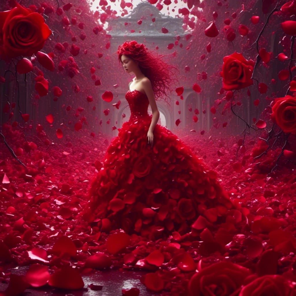 Pixie on Rose Petal in Melancholic, Studio-Lit Drama