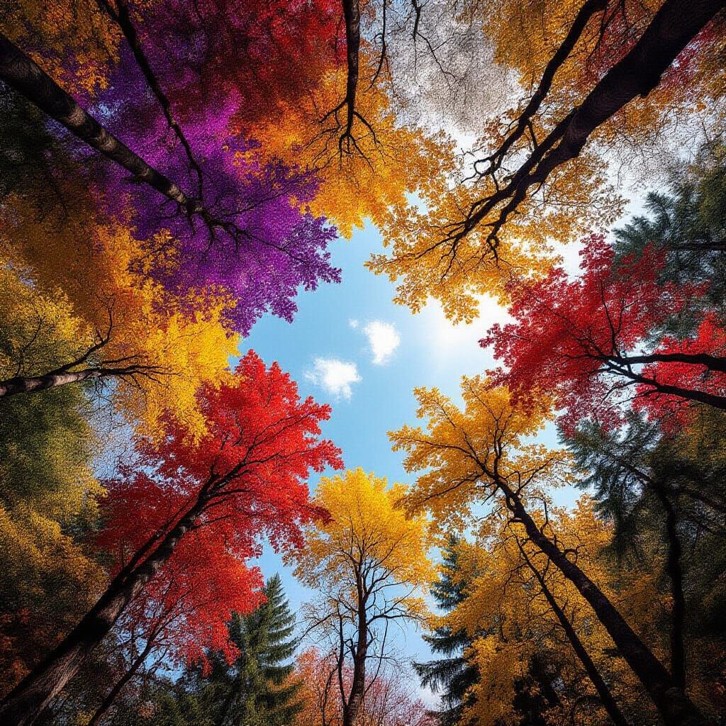Vibrant Fall Trees Against Azure Sky, Low Angle View