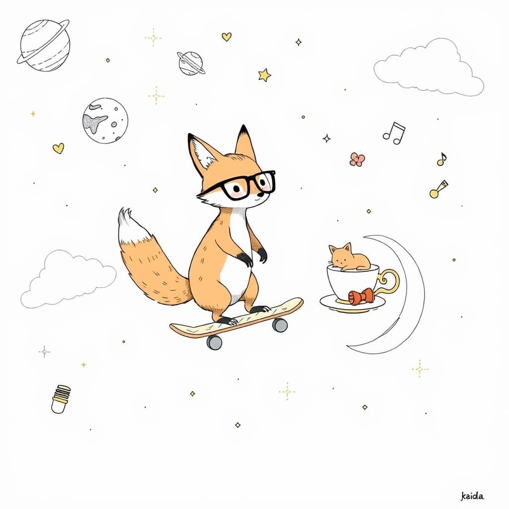 Whimsical Fox Skateboarder in Space, Minimalist Art