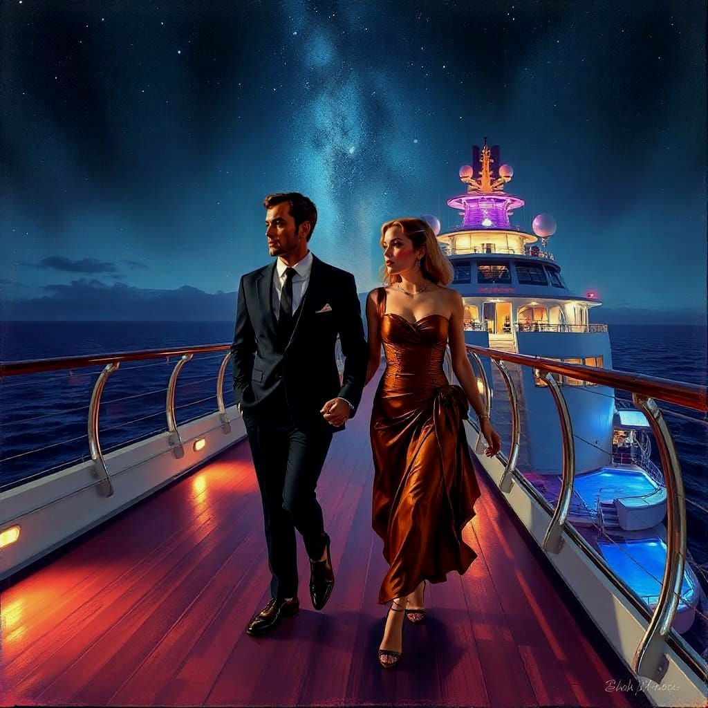 Retro Cruise Ship Deck at Night in Oil Painting Style