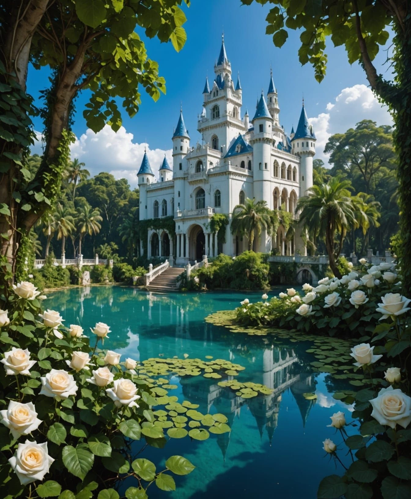 Ethereal White Palace Amidst Tropical Forest and Lake