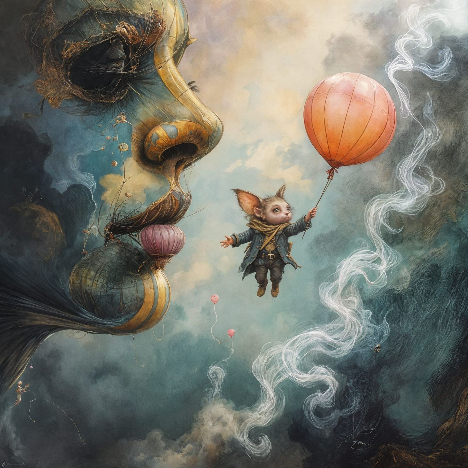 Whimsical Dark Fantasy Balloon Flight