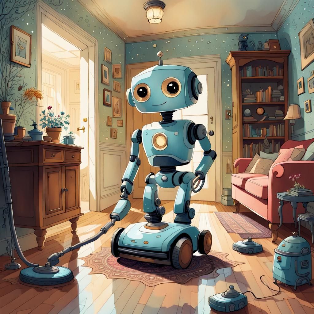 Joyful Robot Vacuuming in Whimsical Collage Style