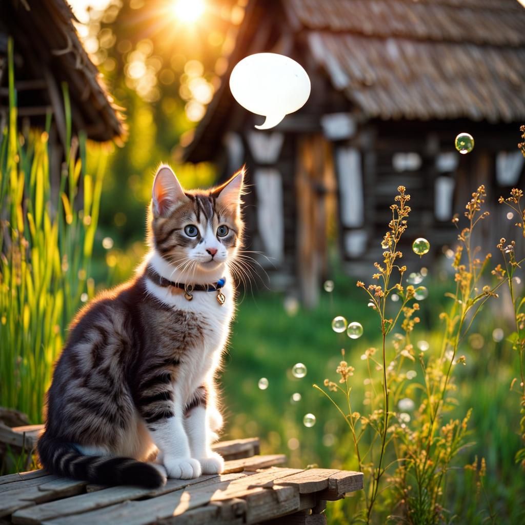 Cute Kitten in Medieval Village with Chat Bubble