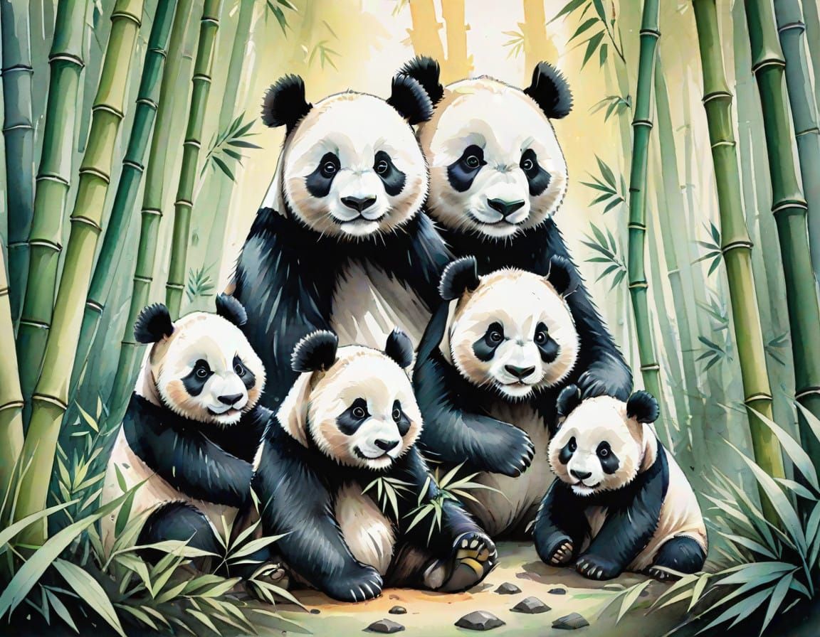 Giant Panda Family in Whimsical Watercolor Landscape