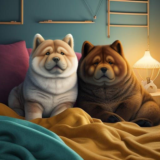 Warm Intimacy of Girls and Their Chubby Chow Chow Companion