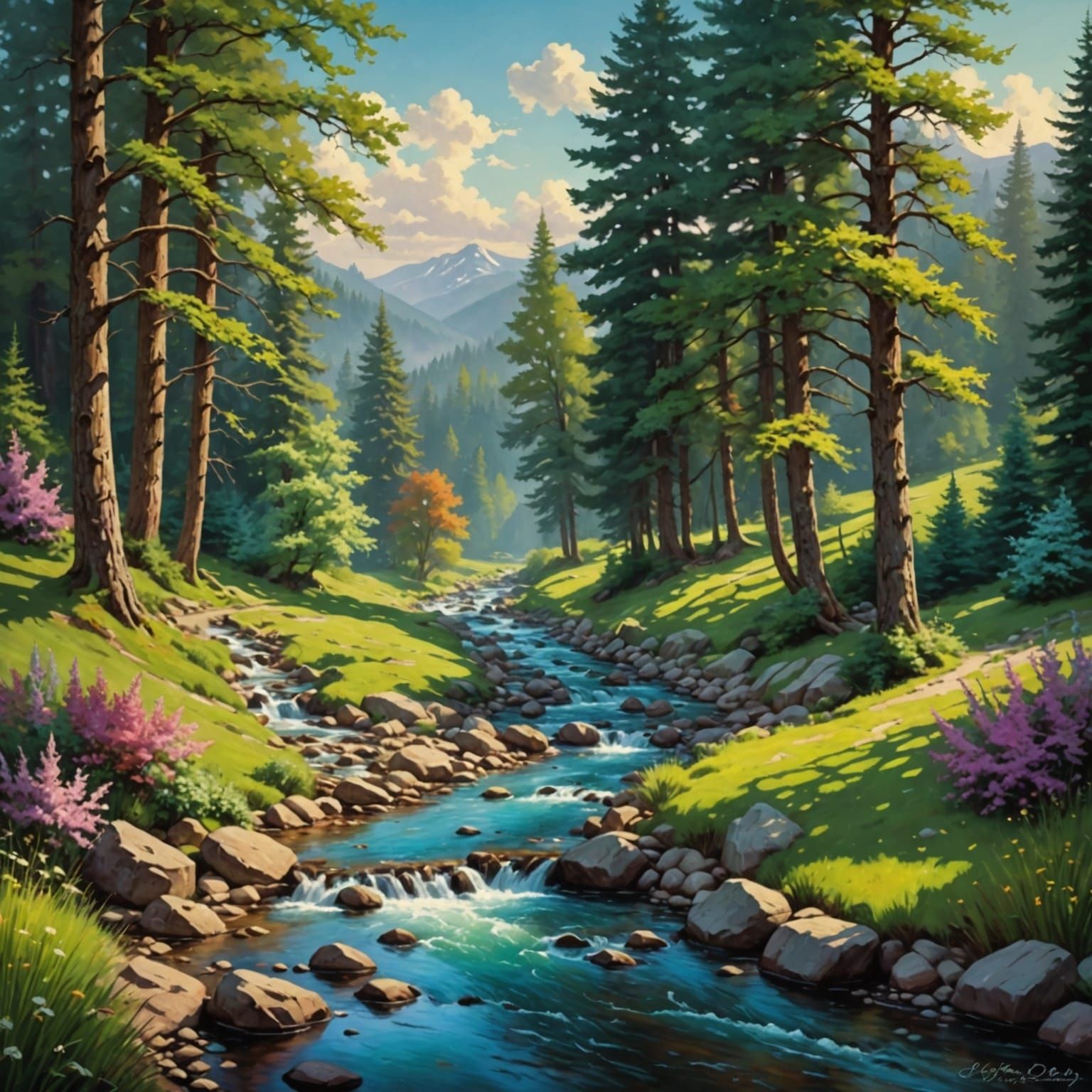 Peaceful Stream in a Thomas Kinkade Style Painting
