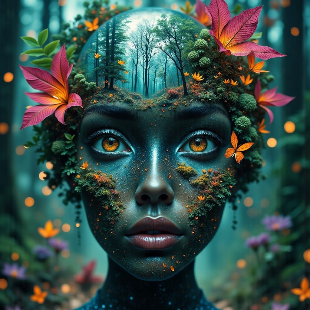 Android Head Emerges from Lush Digital Forest