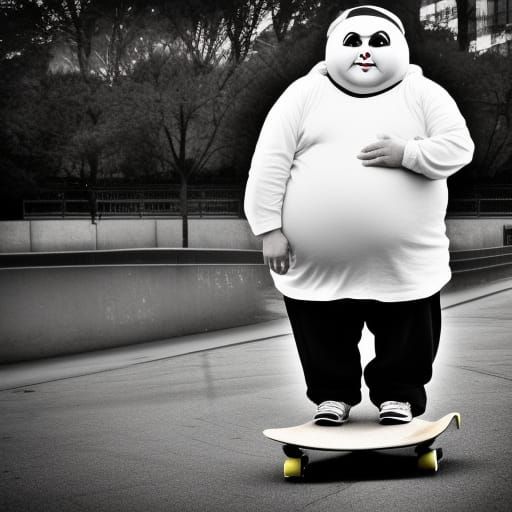 fat mime on a skateboard