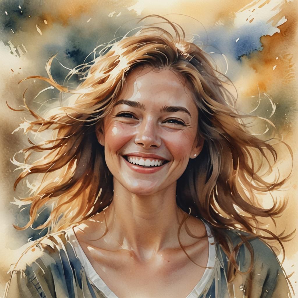 Expressive Watercolor Portrait of a Smiling Woman