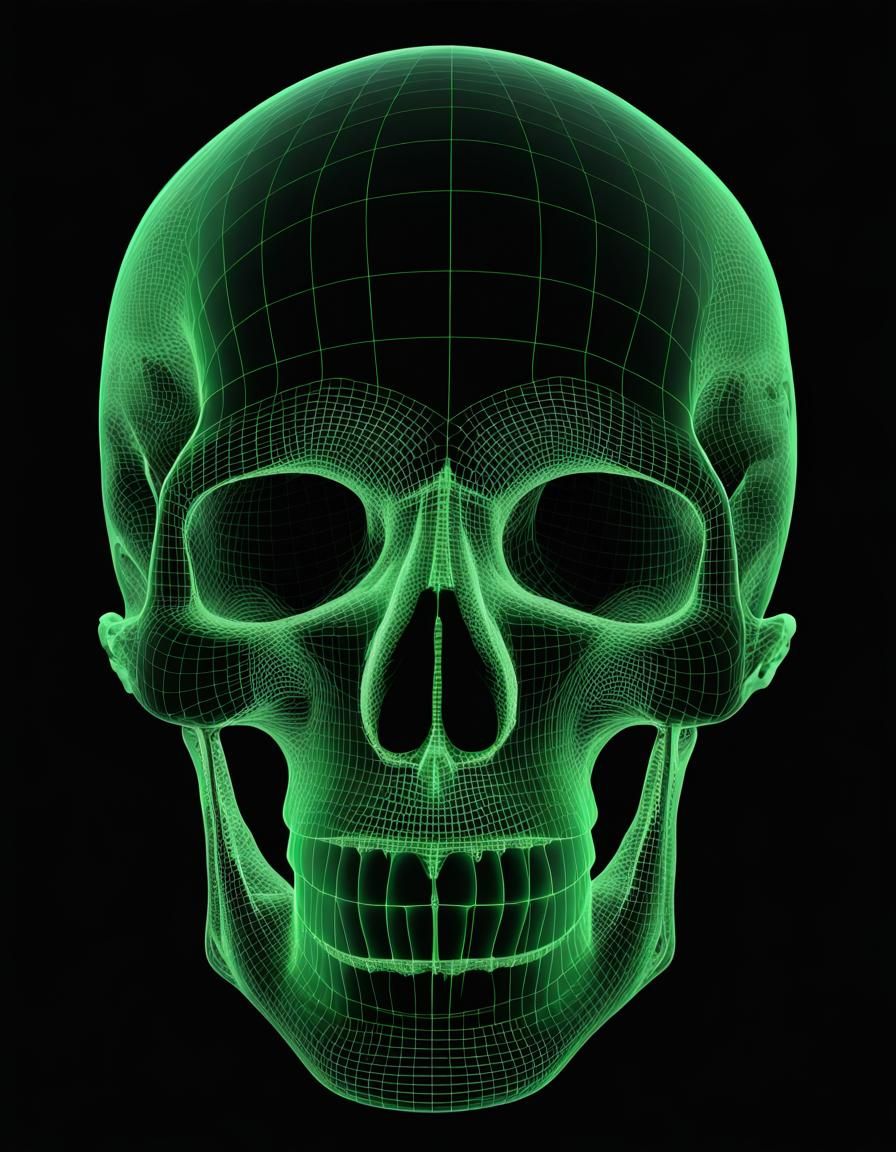 Green 3D Grid Art Human Skull