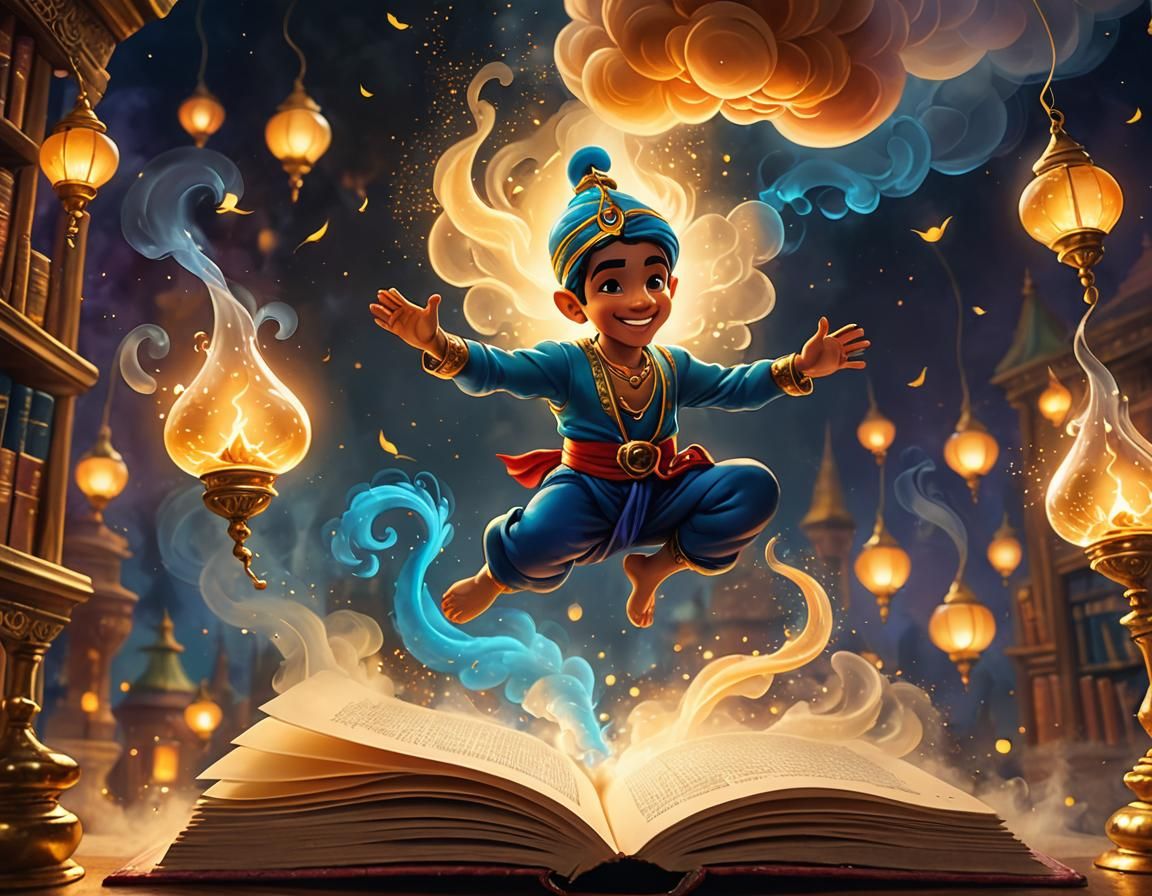 Genie Emerging from Storybook in Whimsical Illustration