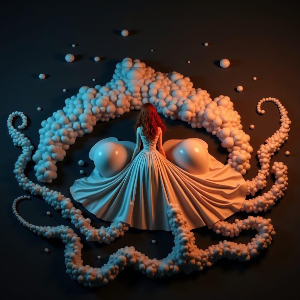 Red-Hued Woman in Rosy Landscape, Digital Painting