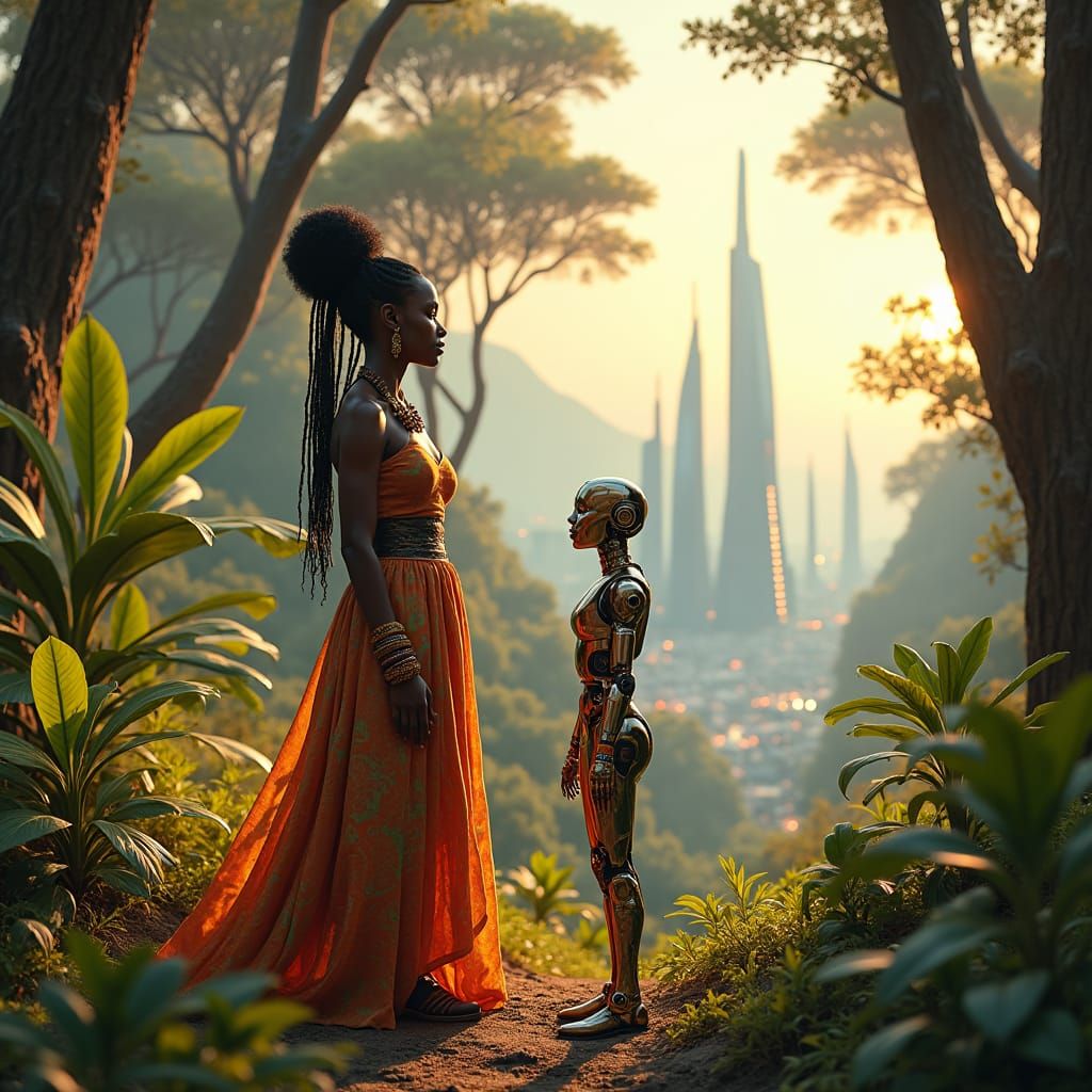 Futuristic African Woman and Robot in Cyberpunk Forest