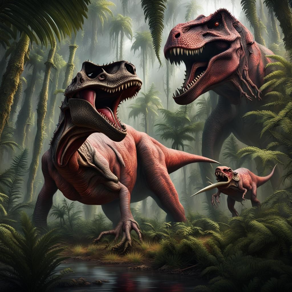 Epic T-Rex vs Triceratops Battle in Prehistoric Swamp