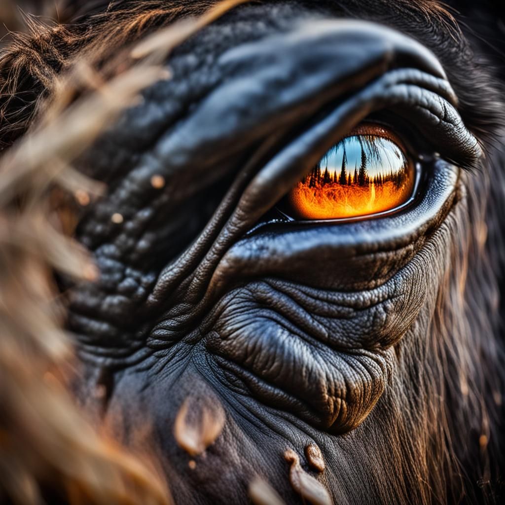 Buffalo's Eye Reflects Plains Fire: Macro Shot