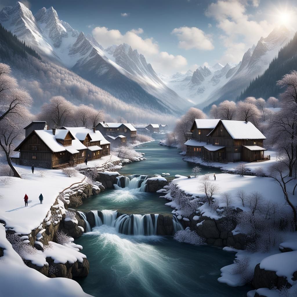 Snowy Village Riverscape in Winter
