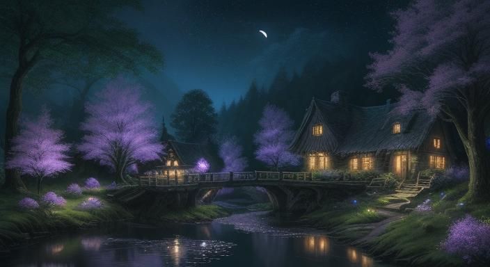 Enchanting Village Among Ancient Trees in Moonlight