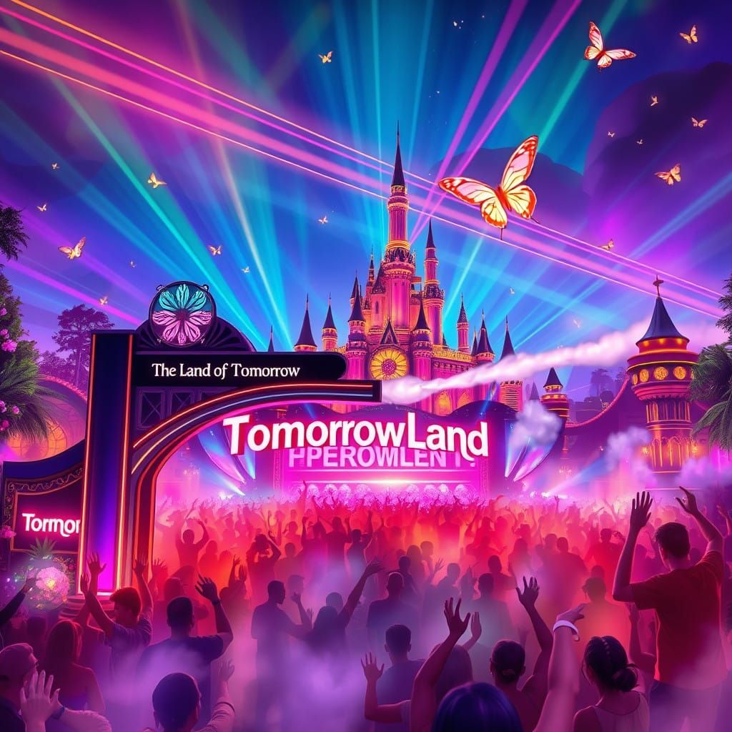 Vibrant Fantasy World with Tomorrowland Logo and Luminous At...