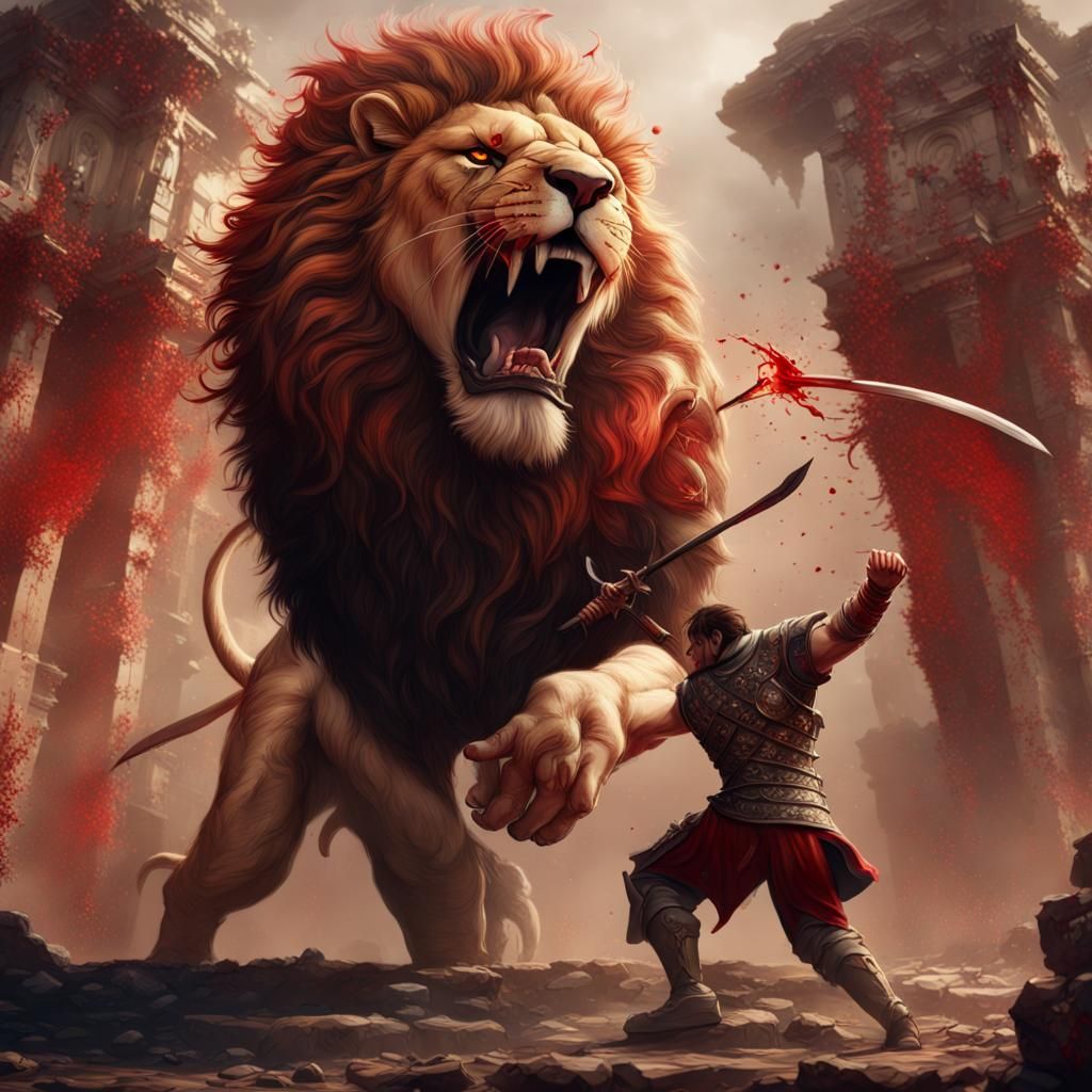 Strong Man Fighting Lion: Detailed Fantasy Art